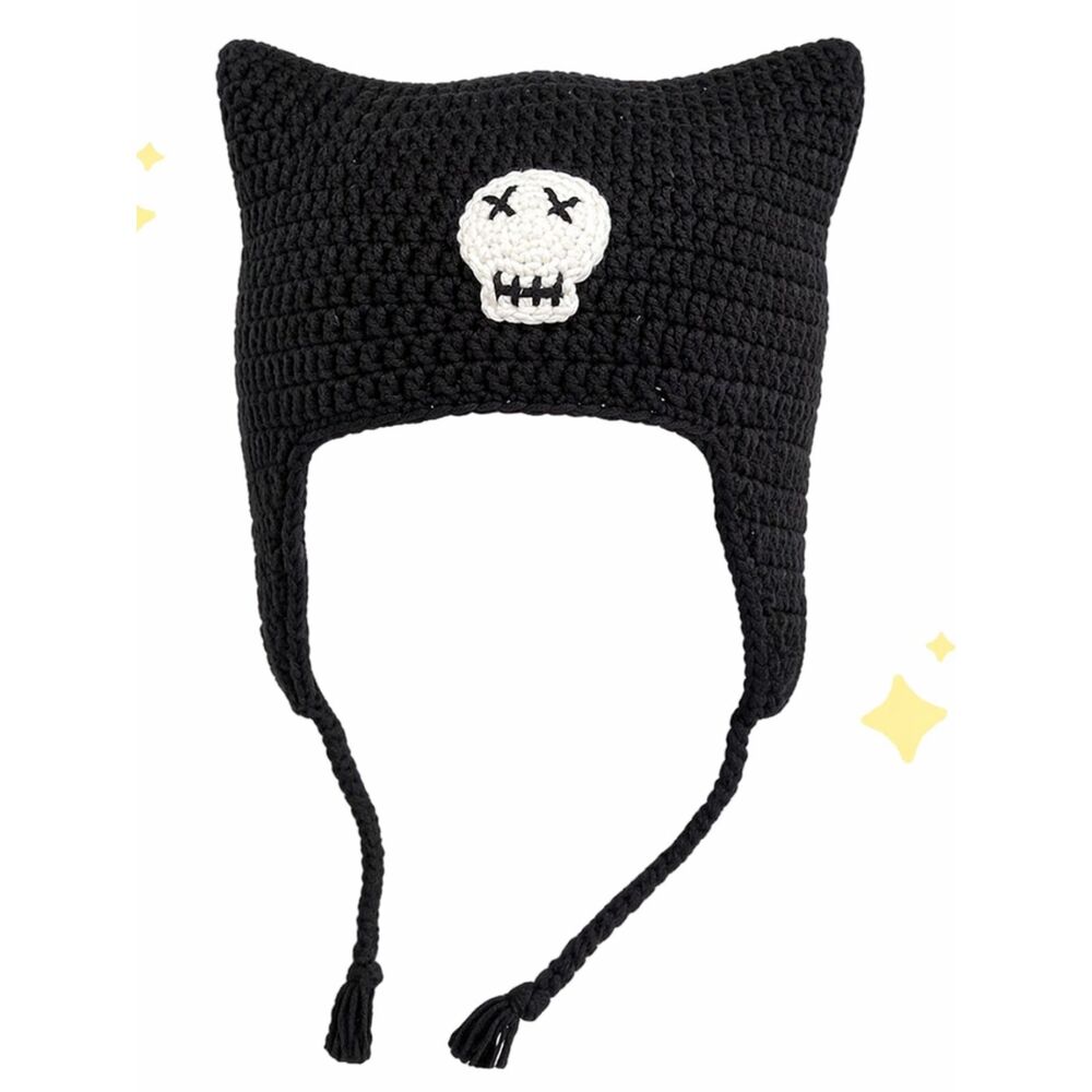 MeoChoiLen Black Handmade Crochet Earflap Beanie 3D White Skull Patch S-M